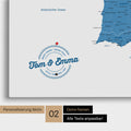 Spanien- & Portugal-Karte Pinn-Leinwand in Blau mit Personalisierung als rundes Logo, das eine Legende für bereits besuchte Reiseziele im Rundtext beinhaltet