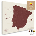 Map of Spain and Portugal in burgundy red in a modern, minimalist design as a canvas for pinning travels and places