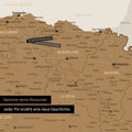Modern Spain & Portugal map in bronze color as a Push Pin Map shows a section of the Basque Country and Navarre, where already visited travel destinations are marked with pins