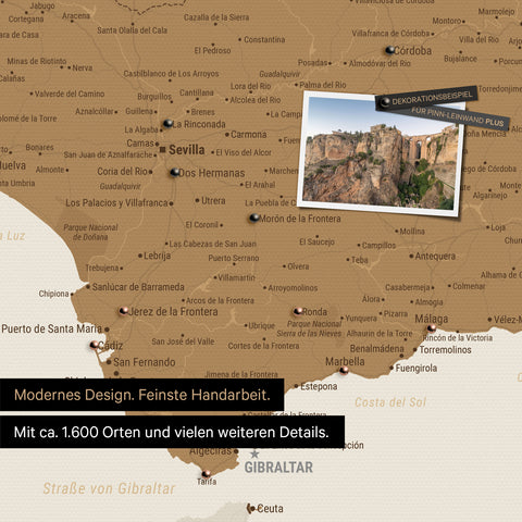 Spain & Portugal map in bronze as a canvas for pinning shows a section of the Costa del Sol with many details such as national parks, rivers, and numerous small villages and towns marked with pins