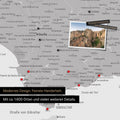 Spain & Portugal map in light gray as a canvas for pinning shows a section of the Costa del Sol with many details such as national parks, rivers, and numerous small villages and towns, which are marked with pins
