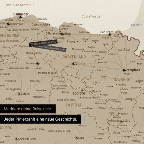 Modern Spain & Portugal map in the color Desert Sand as a Push Pin Map shows a section of the Basque Country and Navarre, where already visited travel destinations are marked with pins