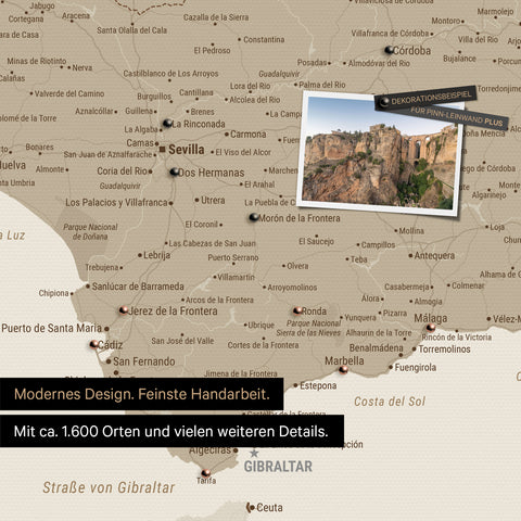 Spain & Portugal map in Desert Sand as a canvas for pinning shows a section of the Costa del Sol with many details such as national parks, rivers, and numerous small villages and towns marked with pins