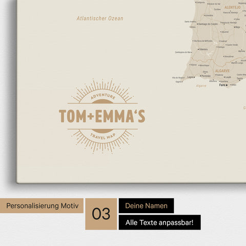Mapa Hiszpanii i Portugalii TRAVEL® Canvas z pinezkami – Gold