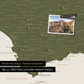 Spain & Portugal map in olive green as a canvas for pinning shows a section of the Costa del Sol with many details such as national parks, rivers, and numerous small villages and towns marked with pins