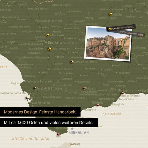 Spain & Portugal map in olive green as a canvas for pinning shows a section of the Costa del Sol with many details such as national parks, rivers, and numerous small villages and towns marked with pins