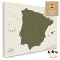 Spain & Portugal map in olive green color in a modern, minimalist design as a canvas for pinning travels and places