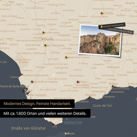 Spain & Portugal map in Hale Navy as a canvas for pinning shows a section of the Costa del Sol with many details such as national parks, rivers, and numerous small villages and towns marked with pins