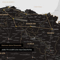Modern Spain & Portugal map in white-black color as a Push Pin Map shows a section of the Basque Country and Navarre, where already visited travel destinations are marked with pins
