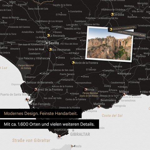 Spain & Portugal map in white and black on canvas for pinning shows a section of the Sunny Coast with many details such as national parks, rivers, and numerous small villages and towns marked with pins
