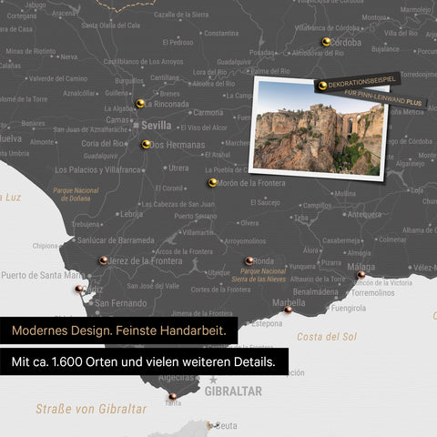 Spain & Portugal map in light gray as a canvas for pinning shows a section of the Costa del Sol with many details such as national parks, rivers, and numerous small villages and towns marked with pins