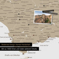 Spain & Portugal map in multicolor beige on canvas for pinning shows a section of the Costa del Sol with many details such as national parks, rivers, and numerous small villages and towns marked with pins