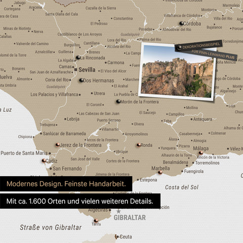 Spain & Portugal map in multicolor beige on canvas for pinning shows a section of the Costa del Sol with many details such as national parks, rivers, and numerous small villages and towns marked with pins