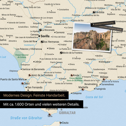 Spain & Portugal map in Multicolor Classic as a canvas for pinning shows a section of the Costa del Sol with many details such as national parks, rivers, and numerous small villages and towns marked with pins