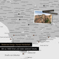 Spain & Portugal map in multicolor gray on canvas for pinning shows a section of the Costa del Sol with many details such as national parks, rivers, and numerous small villages and towns marked with pins
