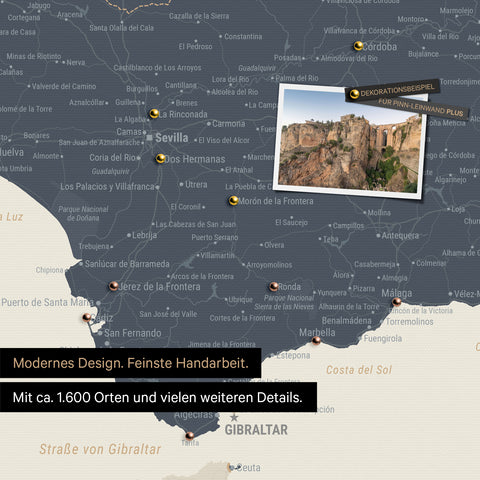 Spain & Portugal map in Navy Light as a canvas for pinning shows a section of the Costa del Sol with many details such as national parks, rivers, and numerous small villages and towns marked with pins