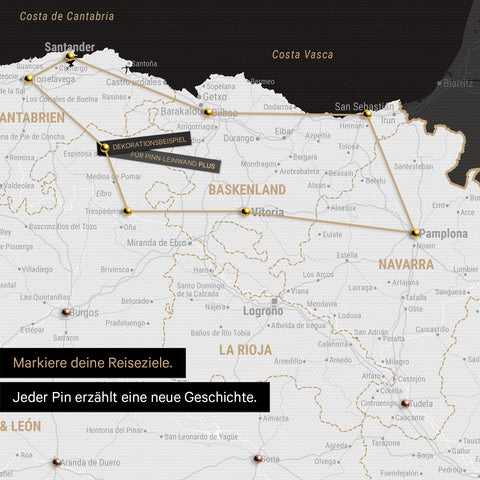 Modern Spain & Portugal map in black and white as a Push Pin Map shows a section of the Basque Country and Navarre, where already visited travel destinations are marked with pins