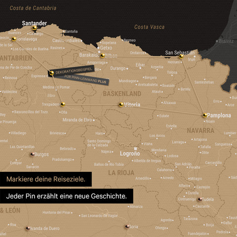 Modern Spain & Portugal map in the color Sonar Black as a Push Pin Map shows a section of the Basque Country and Navarre, where already visited travel destinations are marked with pins