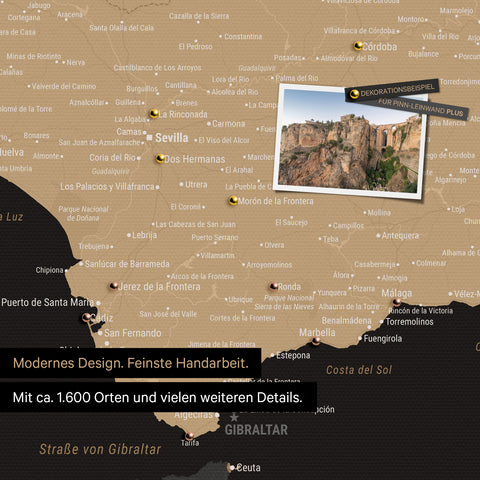 Spain & Portugal map in Sonar Black as a canvas for pinning shows a section of the Costa del Sol with many details such as national parks, rivers, and numerous small villages and towns marked with pins