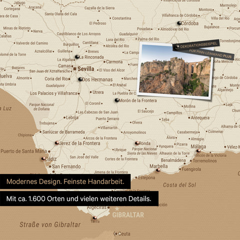Spain & Portugal map in Treasure Gold as a canvas for pinning shows a section of the Costa del Sol with many details such as national parks, rivers, and numerous small villages and towns marked with pins