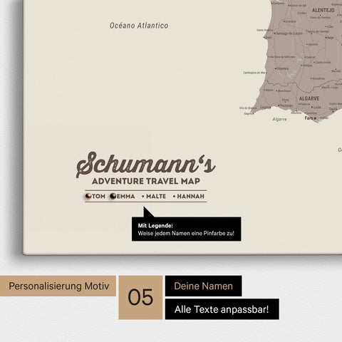 Spanien- & Portugal-Karte als Leinwand in Warmgray mit Personalisierung als Logo mit Familiennamen und Legende für Orte, die man bereits besucht hat und noch besuchen möchte