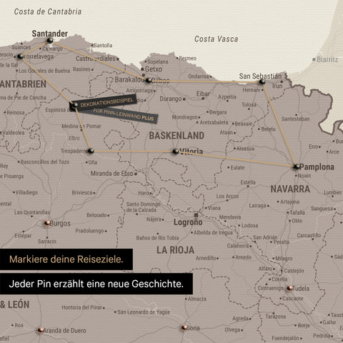Modern Spain & Portugal map in the color Warmgray as a Push Pin Map shows a section of the Basque Country and Navarre, where already visited travel destinations are marked with pins