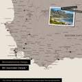 Detail of a South Africa map as a Push Pin Map in a minimalist design and Warmgray color (brown-gray), showing travel destinations marked with pins in the region around Cape Town. Photos can also be attached to the Push Pin Map.