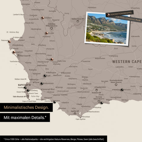 Detail of a South Africa map as a Push Pin Map in a minimalist design and Warmgray color (brown-gray), showing travel destinations marked with pins in the region around Cape Town. Photos can also be attached to the Push Pin Map.