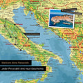 Modern topographic Europe map as Push Pin Map shows a section of Italy, Croatia, and Greece, where already visited travel destinations are marked with pins