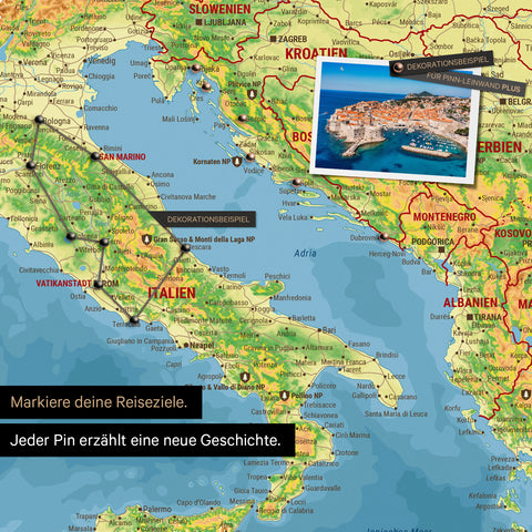 Modern topographic Europe map as Push Pin Map shows a section of Italy, Croatia, and Greece, where already visited travel destinations are marked with pins