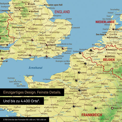 Topographic Europe map as canvas for pinning shows a section of England, France, and Belgium with many details such as national parks, rivers, and numerous small towns and cities, some of which are marked with pins
