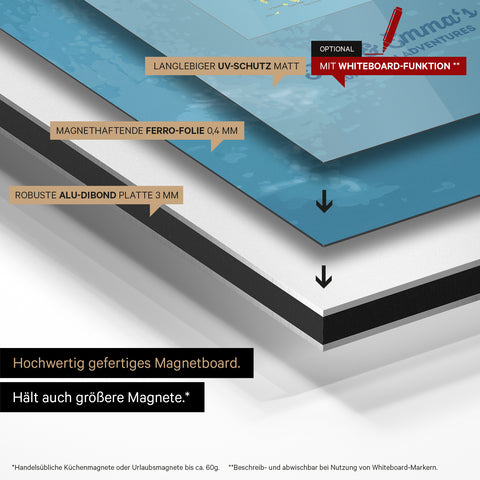 Topografische Europakarte auf magnethaftende Ferro-Folie gedruckt, auf Alu-Dibond-Tafel geklebt und mit UV-Schutz kaschiert