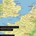 Ausschnitt einer magnetischen topografischen Europakarte zeigt einen Ausschnitt von England, Frankreich und Belgien mit Details wie Nationalparks, Flüssen und zahlreichen kleineren Orten und Städten