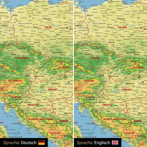 Topographic Europe map optionally in German or English language
