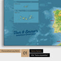 Topographic map of Europe as a pinboard canvas with personalization and name in a modern script font