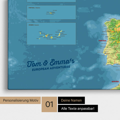 Topographic map of Europe as a pinboard canvas with personalization and name in a modern script font