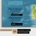 Topographic Europe map as canvas with personalization as logo with family name and legend for places already visited and still want to visit