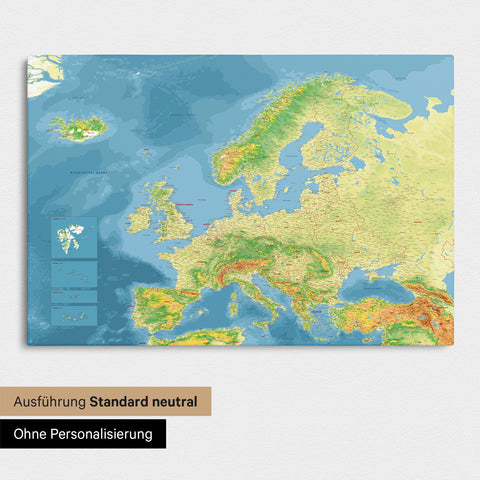 Neutral standard Version of the detailed topographic map of Europe as a pinboard canvas without personalization