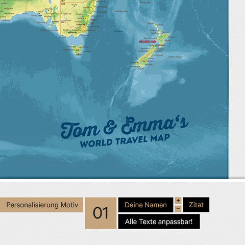 Topographic world map with Antarctica as a pinboard canvas in multicolor topo with personalization and imprint of your name