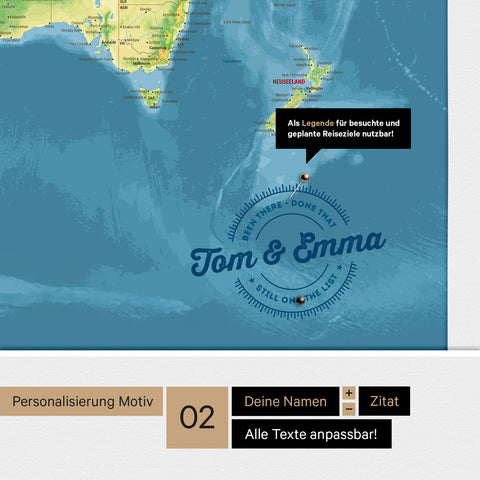 Personalized topographic world map with Antarctica as a pinboard canvas in multicolor topo with printed names and a legend for marking visited places