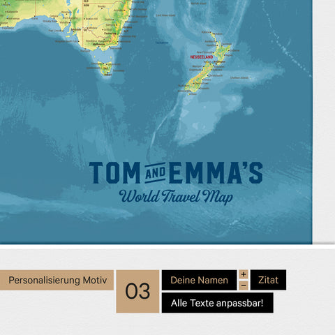 Personalization of a topographic world map with Antarctica pinboard in multicolor topo with a vintage-look logo, where the names and the subtitle "World Travel Map" can be changed