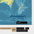 Pinboard canvas of a topographic world map with Antarctica in multicolor topo with personalization as a logo with family name and legend