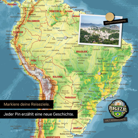 Detail of a magnetic topographic world map as a magnetic board in multicolor topo showing South America with a pinned photo as well as travel and vacation magnets