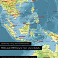 Section of a magnetic topographic world map in multicolor topo showing a map of Asia, with magnets marking travel destinations