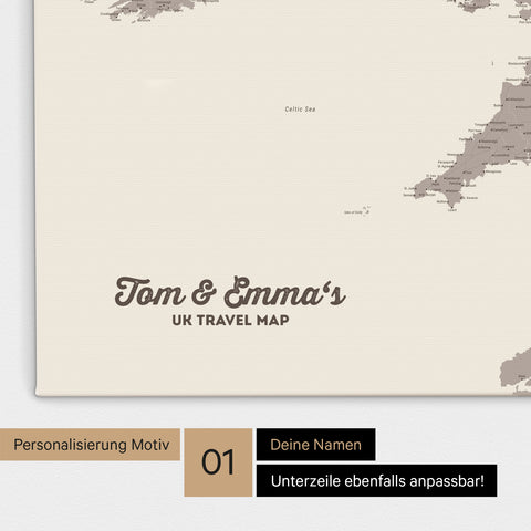 UK-Karte Pinn-Leinwand in Farbe Warmgray (Braun-Grau) mit personalisiertem Text