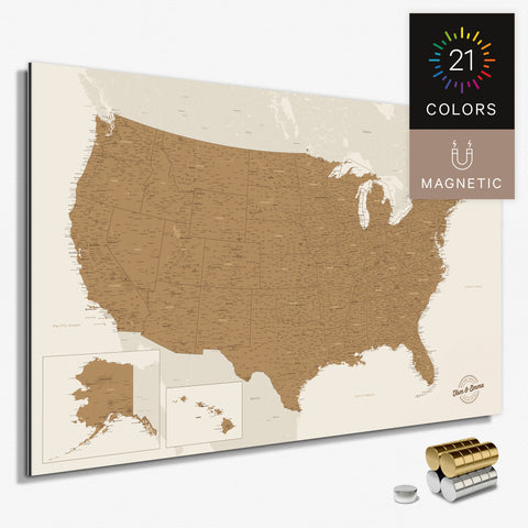USA Amerika Landkarte als massives Magnetboard zum Markieren von besuchten Orten mit Magnet-Pins, erhältlich in 21 unterschiedlichen Farben