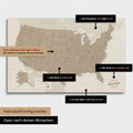 Vielfältige Konfigurationsmöglichkeiten einer USA Amerika Landkarte als Pinn-Leinwand in Farbe Beige