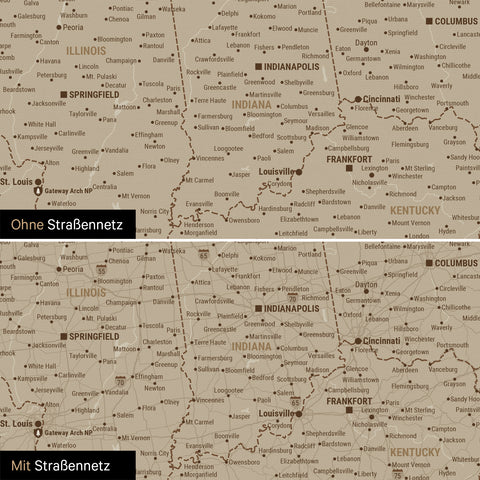 USA Amerika Karte Pinn-Leinwand in Beige optional mit dem Straßennetz der größten Highways und Interstates