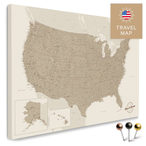 USA Amerika Karte in Beige mit sehr hohem Detailgrad als Pinnwand Leinwand zum Pinnen und Markieren von Reisezielen kaufen