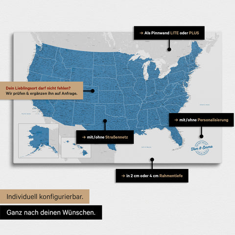 Vielfältige Konfigurationsmöglichkeiten einer USA Amerika Landkarte als Pinn-Leinwand in Farbe Blau